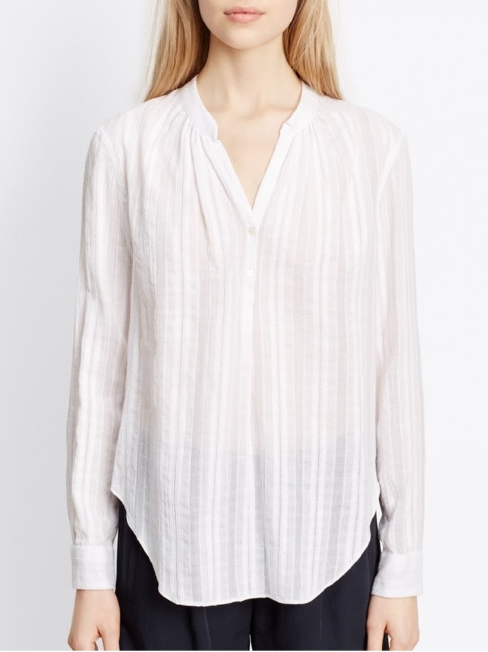 Vince White Shirred Neck Pintuck Stripe Popover Blouse